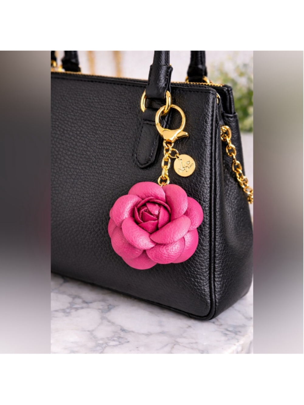 NEW Camellia Rose Bag Charm Keychain Fuchsia Pink Vegan Leather Floral Charm NWT
